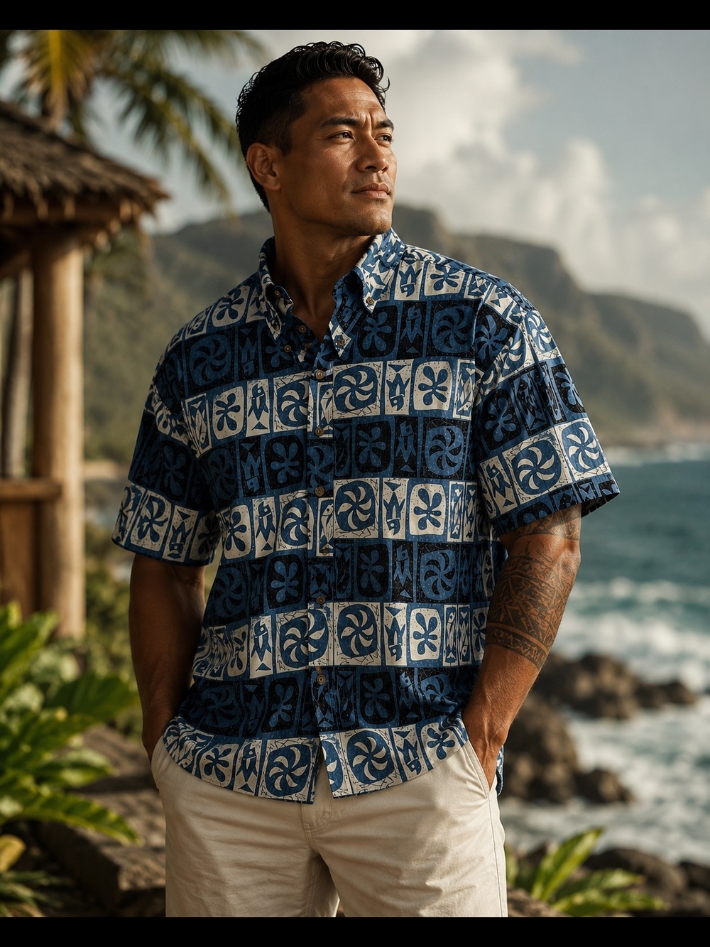 Men's Blue and White Hawaiian-Print Short Sleeve Button-Down Shirt
